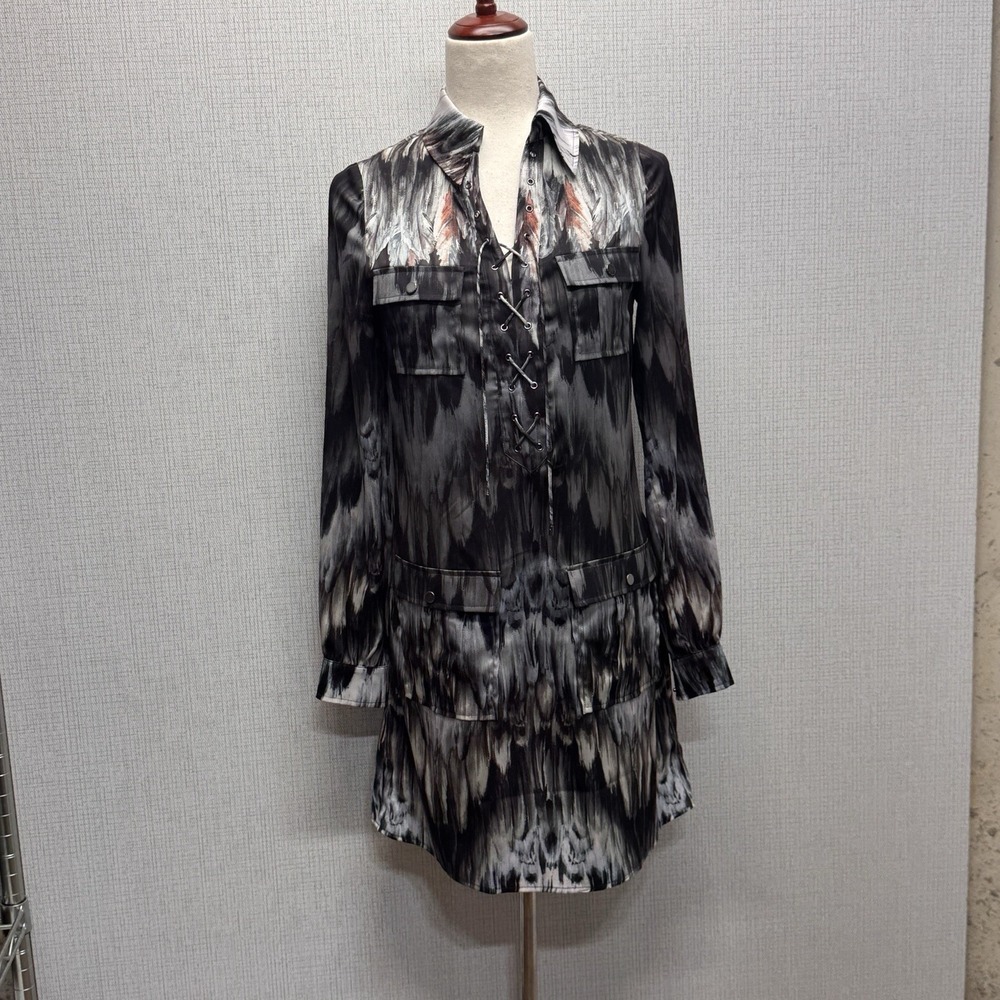 Haute Hippie Shirt‎ Dress Womens 0 Grey Feather Print Lace Up Boho Edgy Grunge